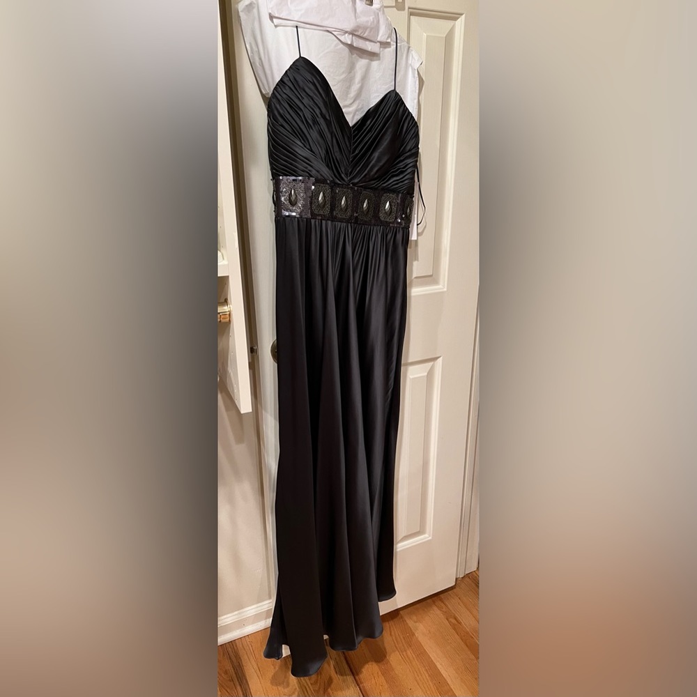 Badgley Mischka silk spaghetti strap dark gray gown, with tags, sequined detail